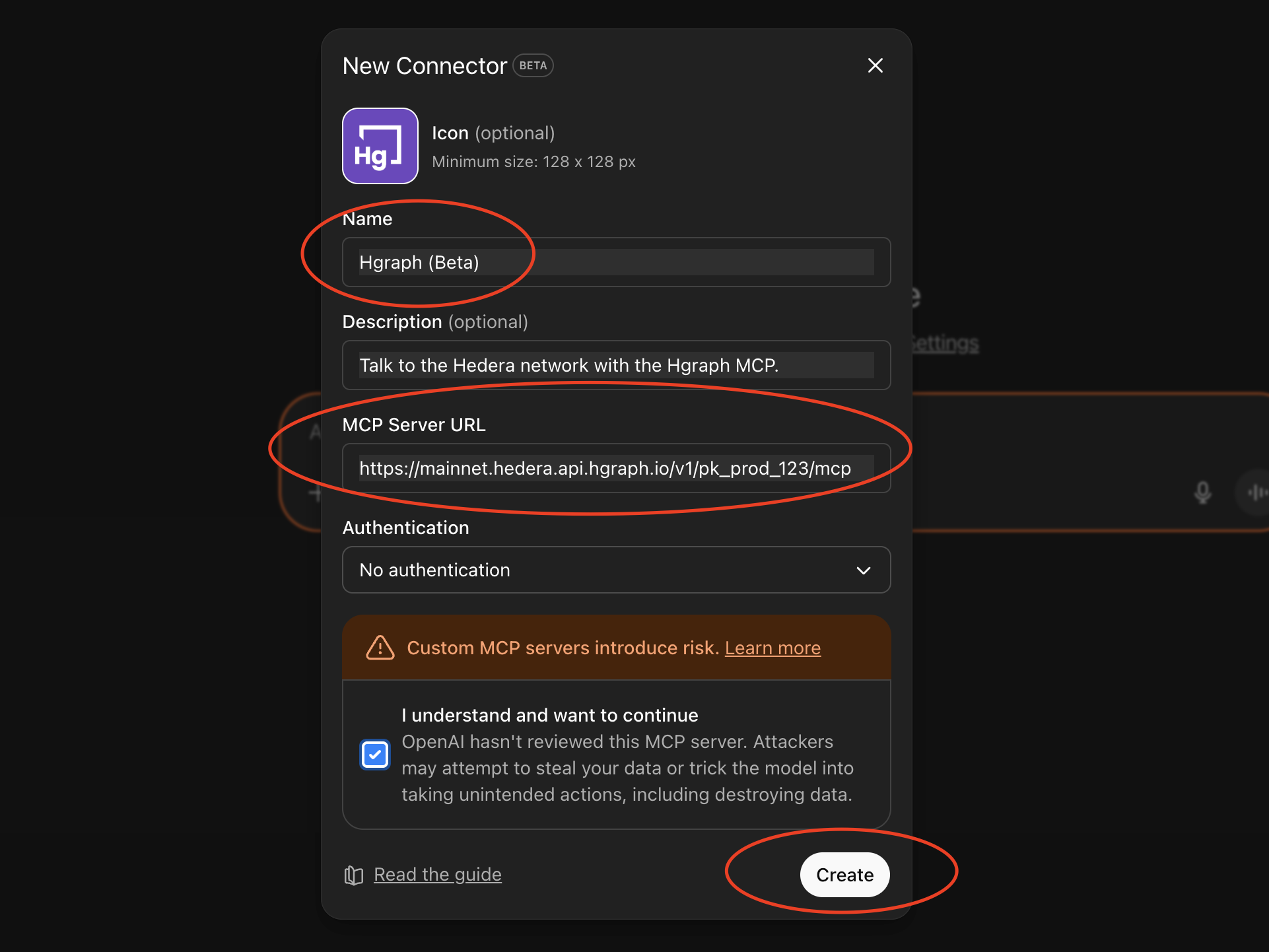 ChatGPT Create connector dialog with Hgraph configuration