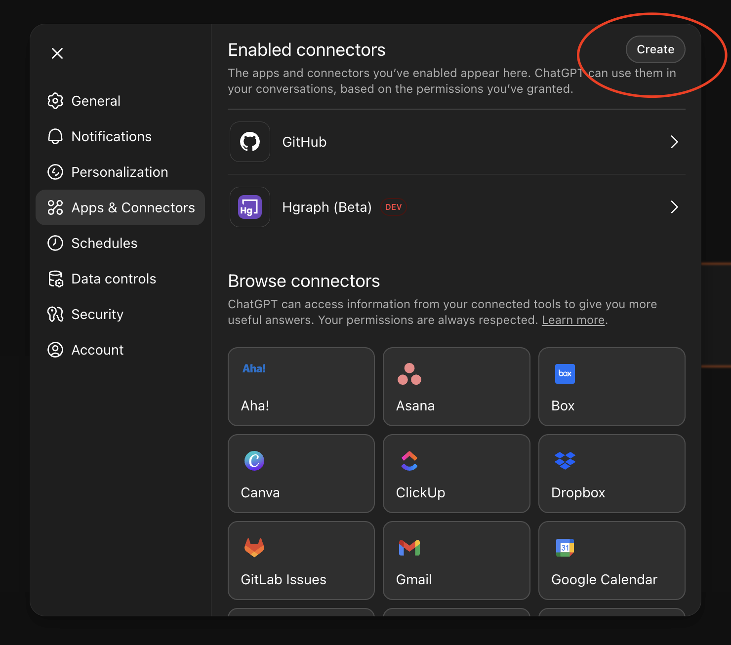 ChatGPT Apps &amp; Connectors page with Create button