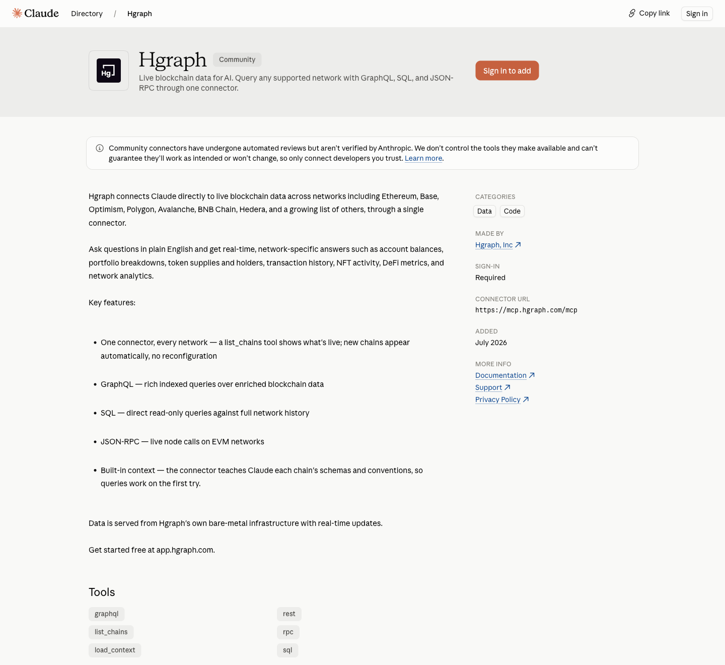 Hgraph listing in the Claude connector directory
